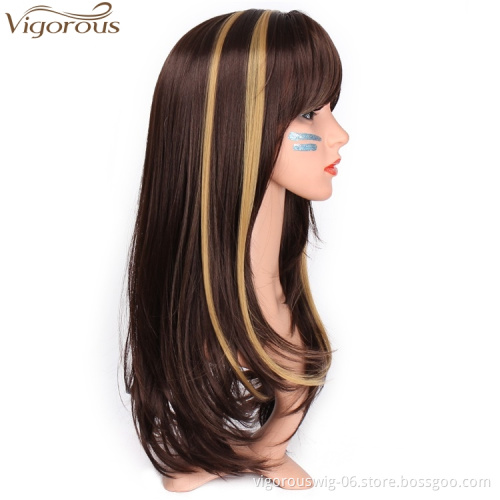 Vigorous Long Silky Straight Dark Brown Highlight Heat Resistant Smooth Synthetic Wig with Inclined Bangs for Women